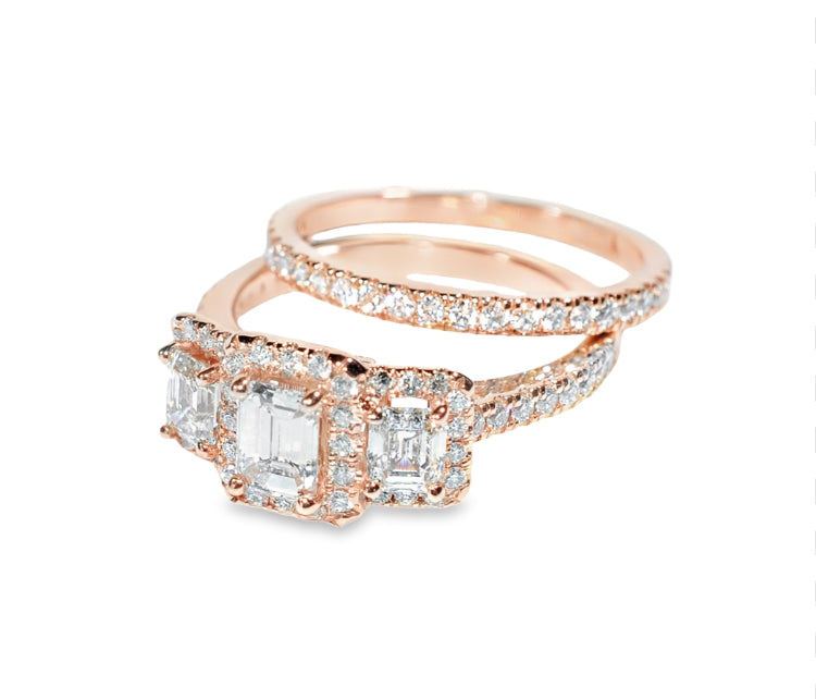 14K Rose Gold 1 1/2 CT Emerald Cut Diamond 3-Stone Engagement Ring
