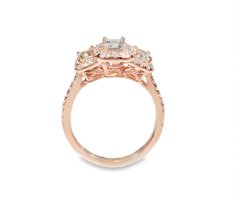 14K Rose Gold 1 1/2 CT Emerald Cut Diamond 3-Stone Engagement Ring