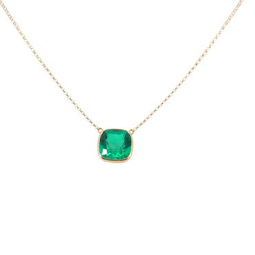 Cushion Cut Emerald Bezel Pendant Necklace in Yellow Gold