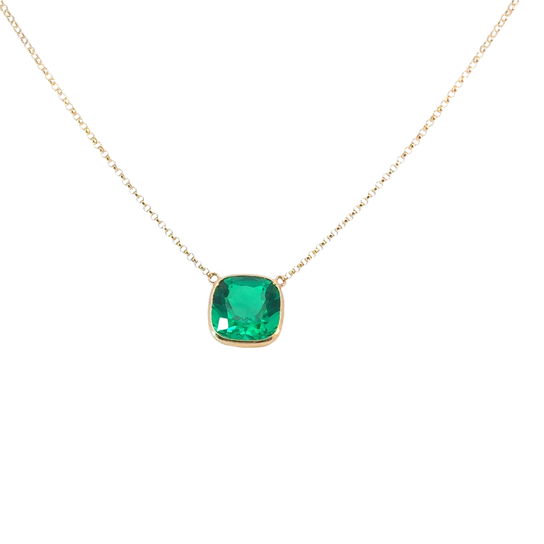 Cushion Cut Emerald Bezel Pendant Necklace in Yellow Gold