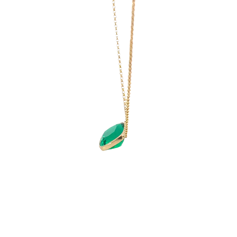 Cushion Cut Emerald Bezel Pendant Necklace in Yellow Gold
