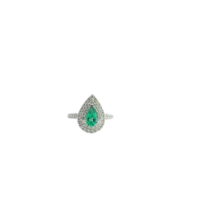 Pear-Cut Emerald Double Halo Cocktail Ring in White Gold