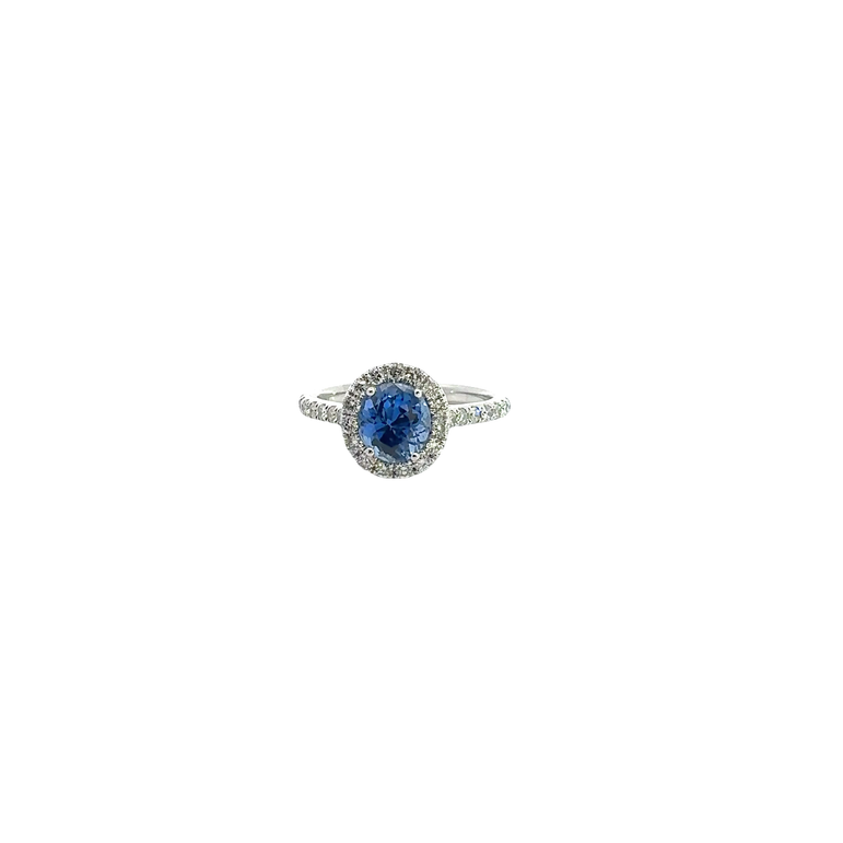 Royal Blue Sapphire Halo Engagement Ring in White Gold