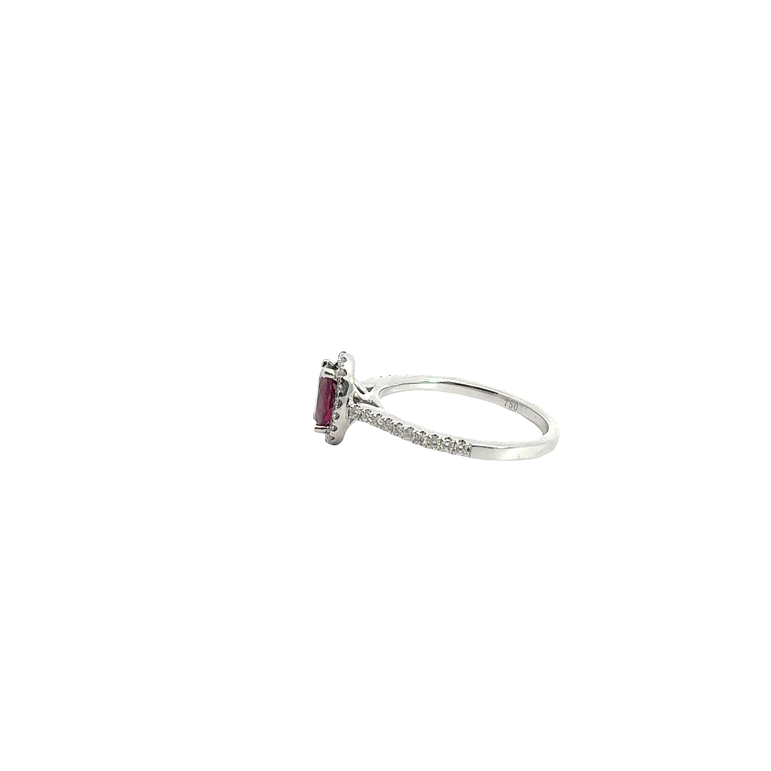 Purplish-Red Ruby Halo Ring in White Gold