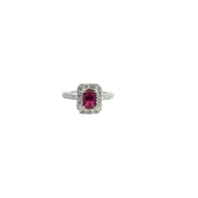 Emerald Cut Red Ruby Halo Cocktail Ring in White Gold
