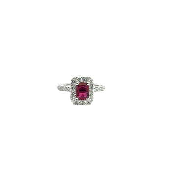 Emerald Cut Red Ruby Halo Cocktail Ring in White Gold