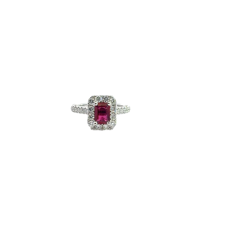 Emerald Cut Red Ruby Halo Cocktail Ring in White Gold