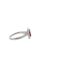 Emerald Cut Red Ruby Halo Cocktail Ring in White Gold