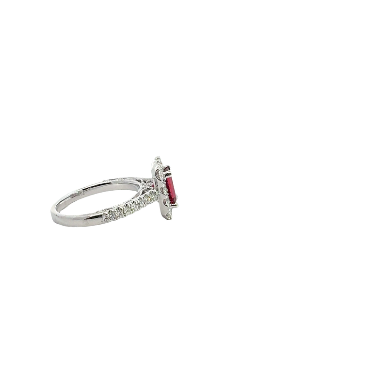Emerald Cut Red Ruby Halo Cocktail Ring in White Gold