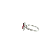 Emerald Cut Red Ruby Halo Cocktail Ring in White Gold