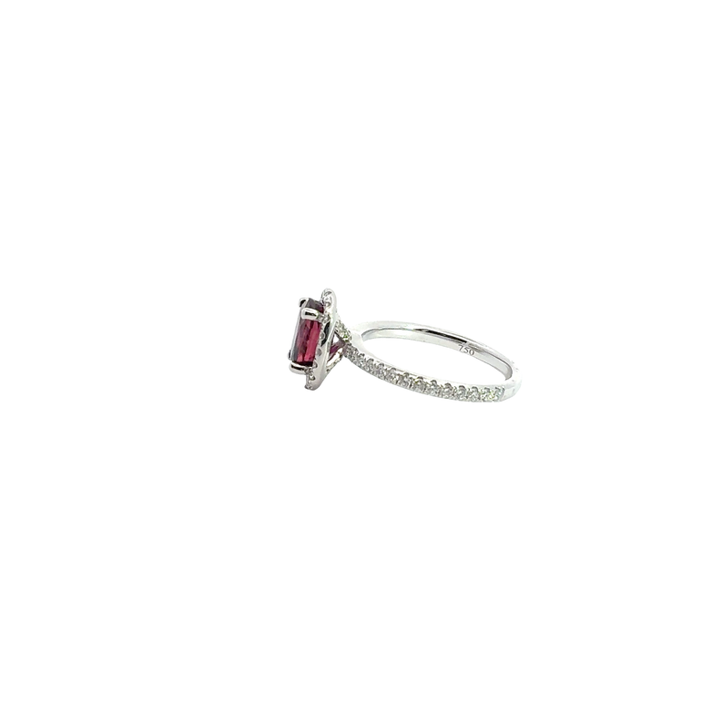 White Gold Purplish-Red Ruby Oval Halo Cocktail Ring