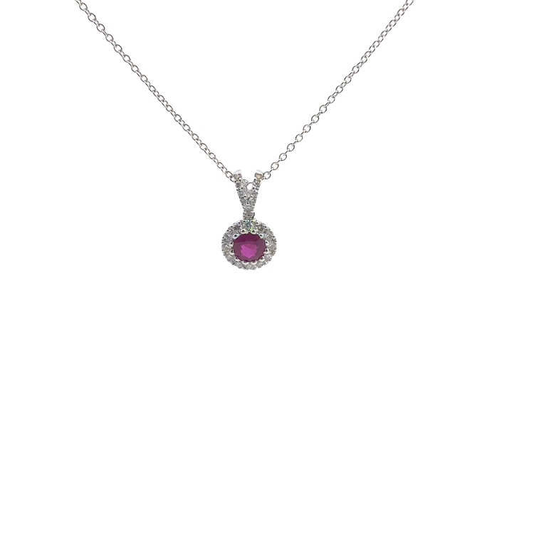 Round Red Ruby Halo Pendant Necklace — White Gold