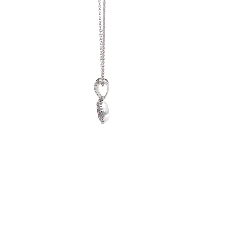 Round Red Ruby Halo Pendant Necklace — White Gold