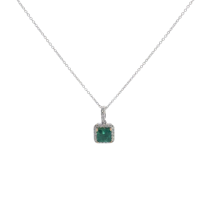 Emerald Halo Pendant Necklace in White Gold