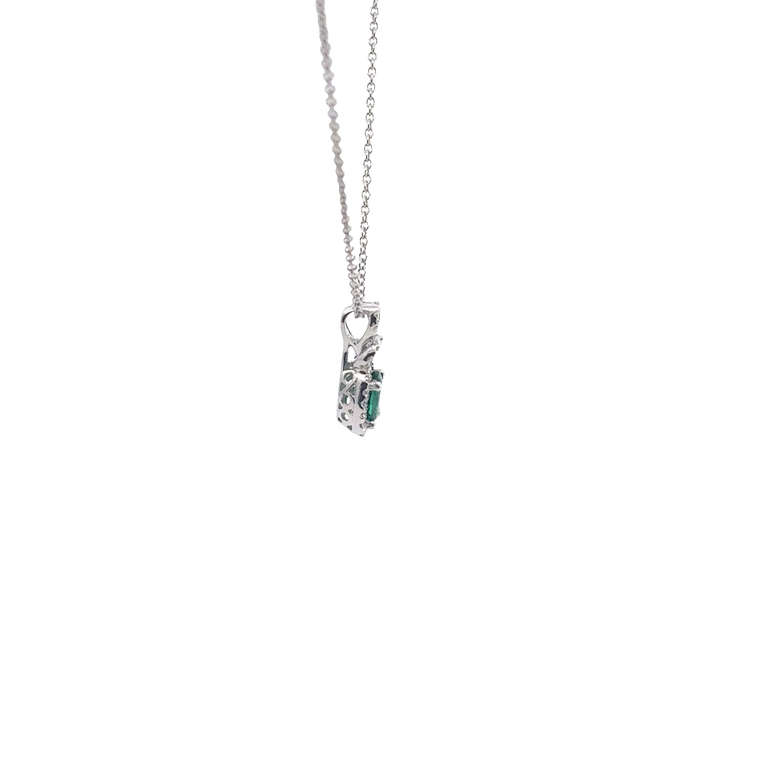 Oval Emerald and Diamond Halo Pendant Necklace in White Gold