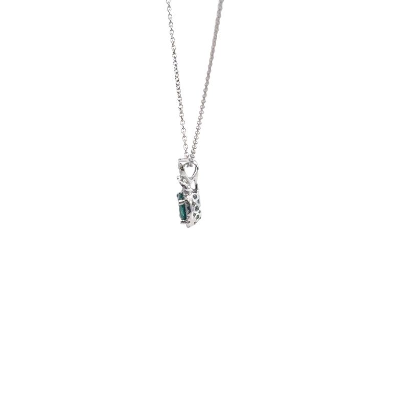 Oval Emerald and Diamond Halo Pendant Necklace in White Gold