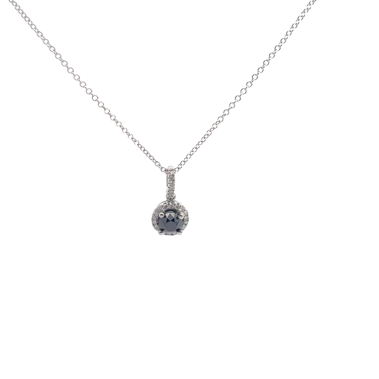 Fancy Black Diamond Halo Charm Necklace in White Gold
