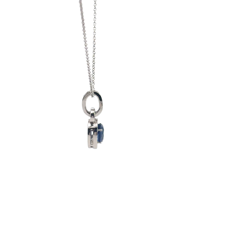 White Gold Blue Sapphire Halo Pendant Necklace