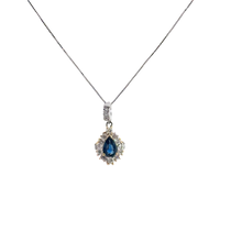 Royal Blue Sapphire Pear Halo Pendant in White Gold