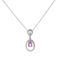 Oval Pink Sapphire Halo Pendant Necklace in White Gold