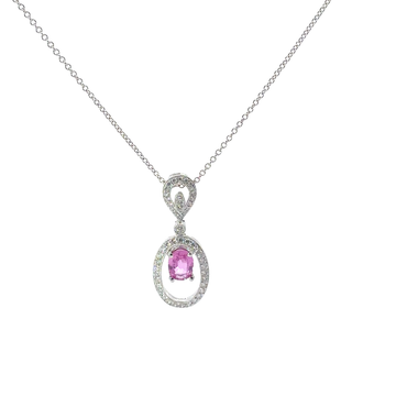 Oval Pink Sapphire Halo Pendant Necklace in White Gold