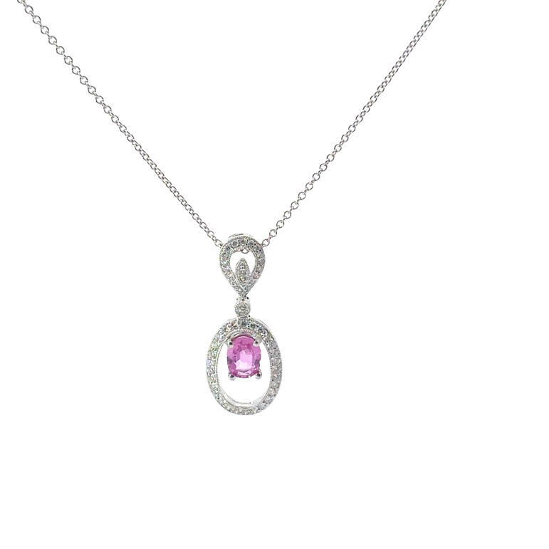 Oval Pink Sapphire Halo Pendant Necklace in White Gold