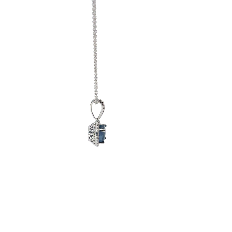 Royal Blue Sapphire Halo Pendant Necklace in White Gold