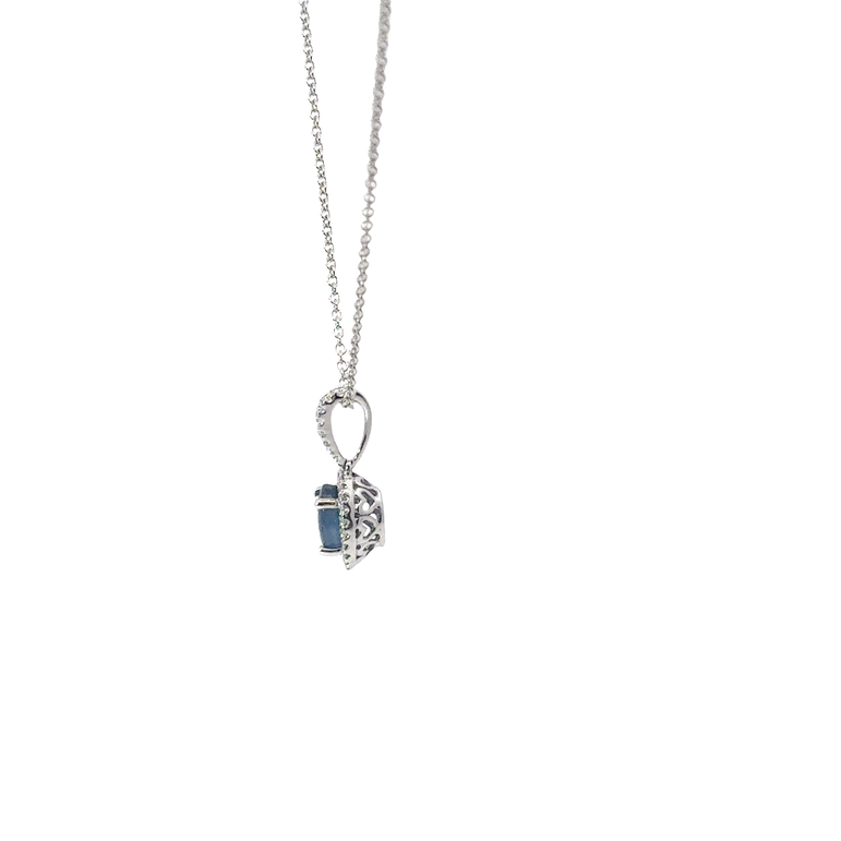 Royal Blue Sapphire Halo Pendant Necklace in White Gold