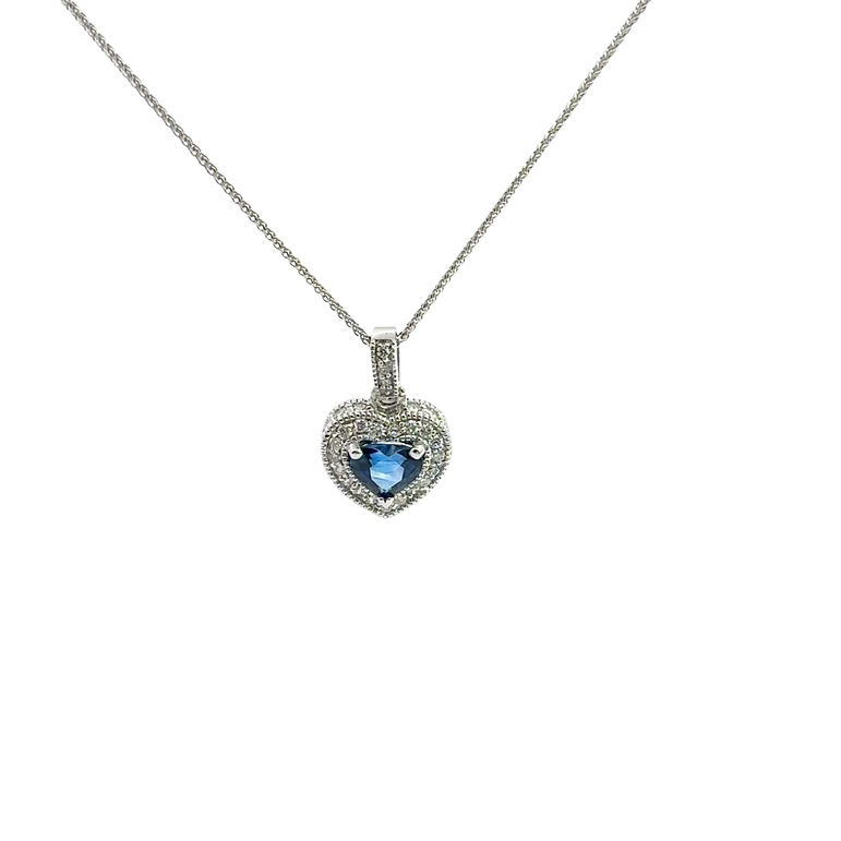Blue Sapphire Heart Halo Pendant in White Gold