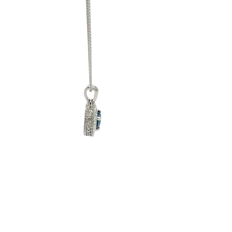 Blue Sapphire Heart Halo Pendant in White Gold