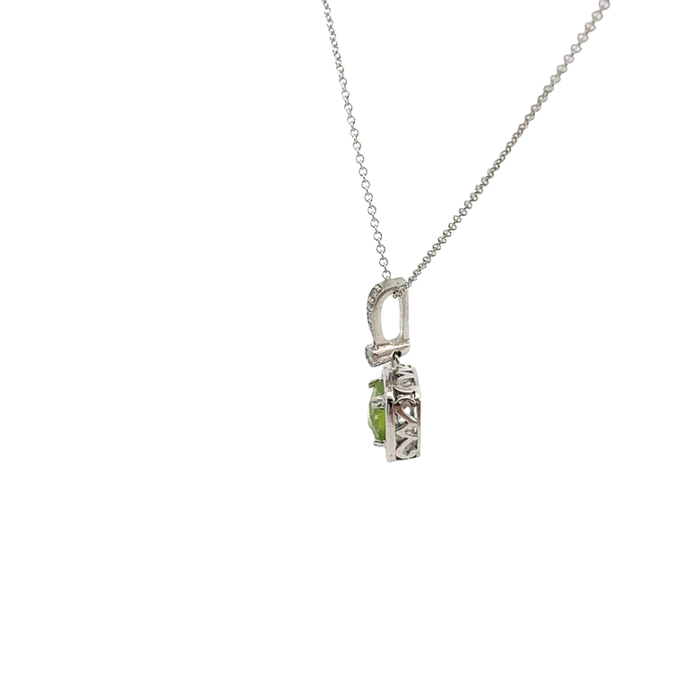Peridot Halo Pendant Necklace in White Gold