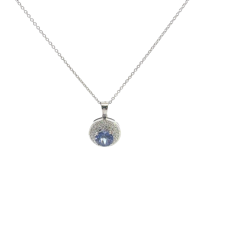 Round Tanzanite Halo Pendant Necklace in White Gold