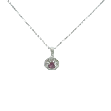 Purplish-Red Ruby Octagonal Halo Pendant in White Gold