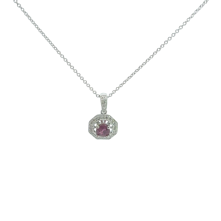 Purplish-Red Ruby Octagonal Halo Pendant in White Gold