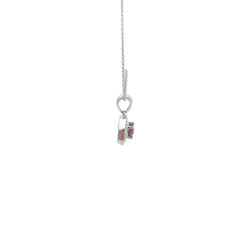 Purplish-Red Ruby Octagonal Halo Pendant in White Gold