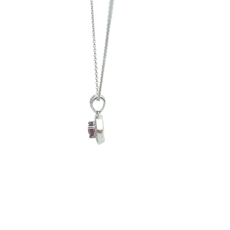 Purplish-Red Ruby Octagonal Halo Pendant in White Gold