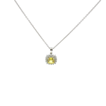 Yellow Sapphire Halo Pendant Necklace — White Gold