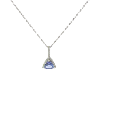 Trillion-Cut Tanzanite Halo Pendant Necklace in White Gold