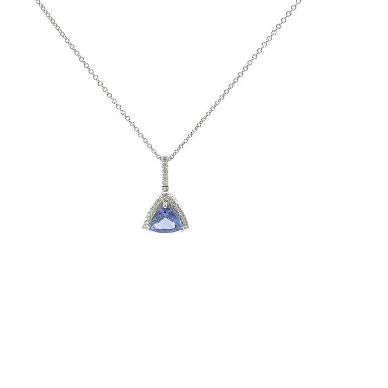 Trillion-Cut Tanzanite Halo Pendant Necklace in White Gold