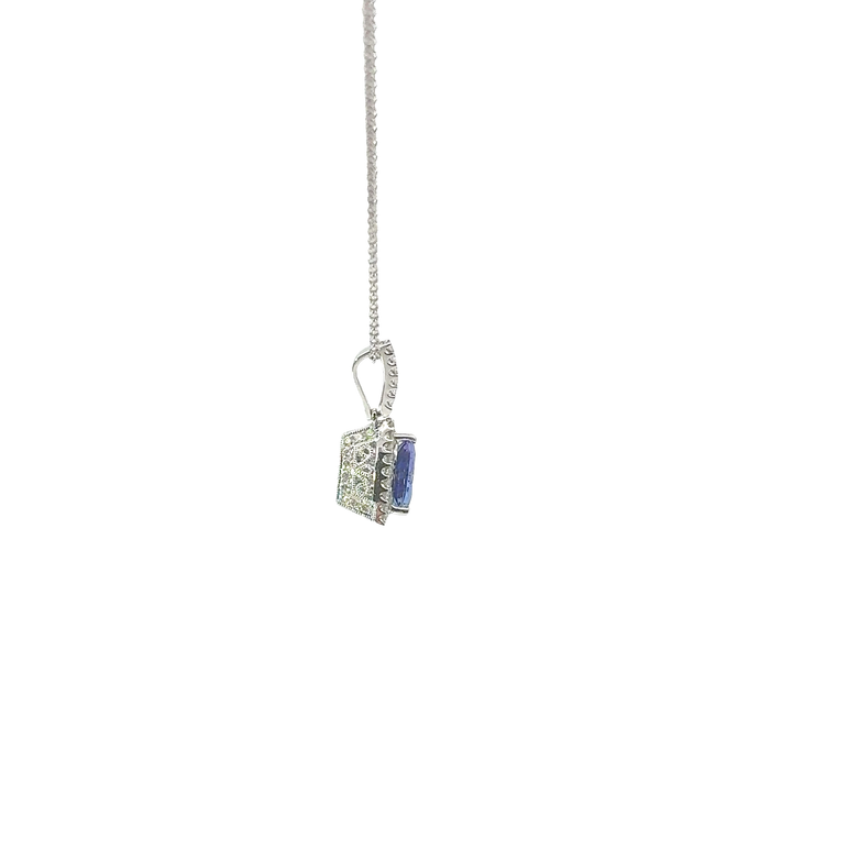 Trillion-Cut Tanzanite Halo Pendant Necklace in White Gold