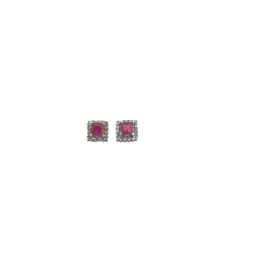 Square Ruby Halo Stud Earrings in White Gold