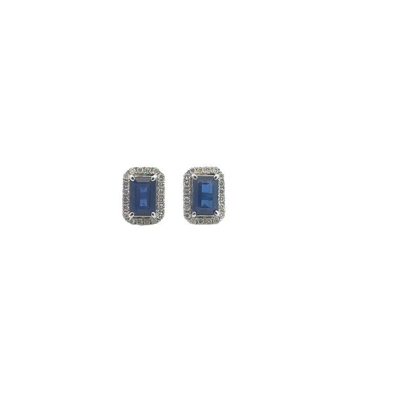 Royal Blue Sapphire Halo Stud Earrings in White Gold