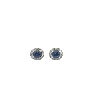 White Gold Royal Blue Sapphire Halo Stud Earrings