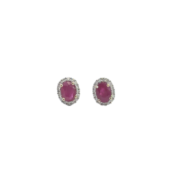 Oval Ruby and White Gold Halo Stud Earrings