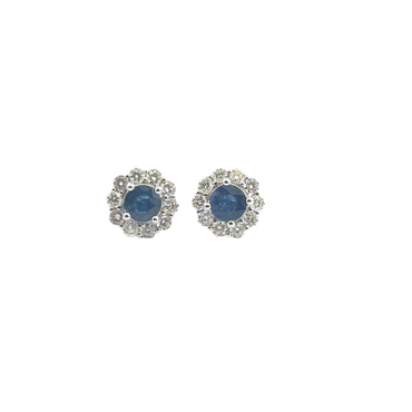 Royal Blue Sapphire Halo Stud Earrings in White Gold