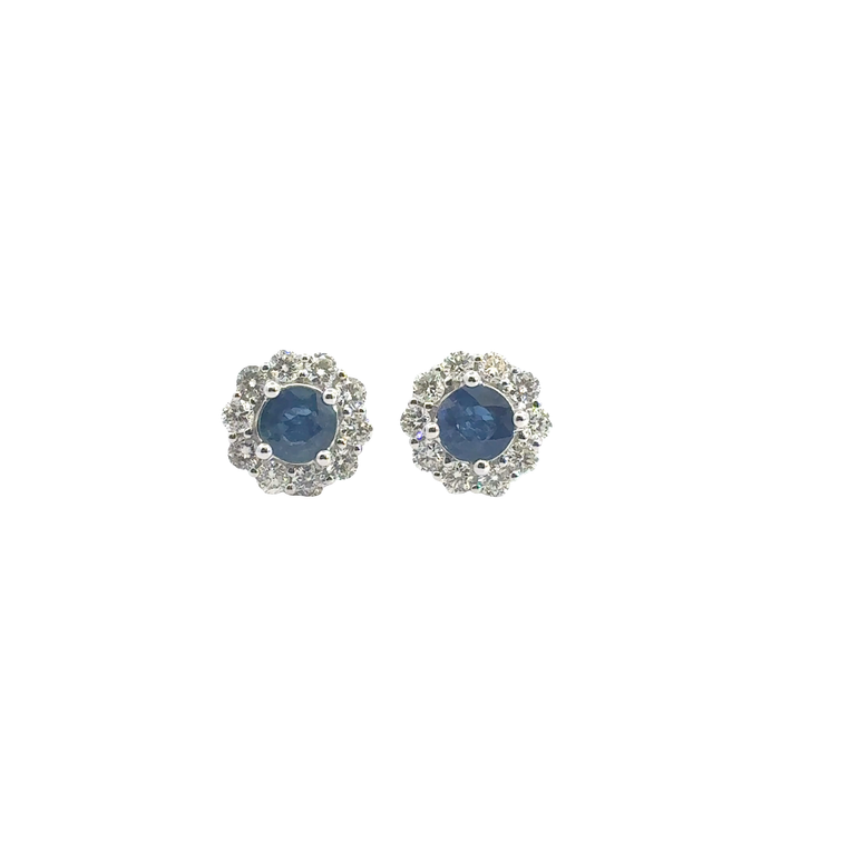 Royal Blue Sapphire Halo Stud Earrings in White Gold