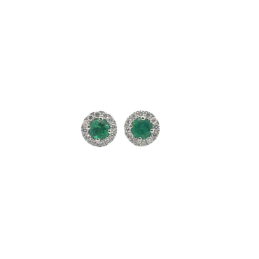 Round Emerald and Halo Stud Earrings in White Gold