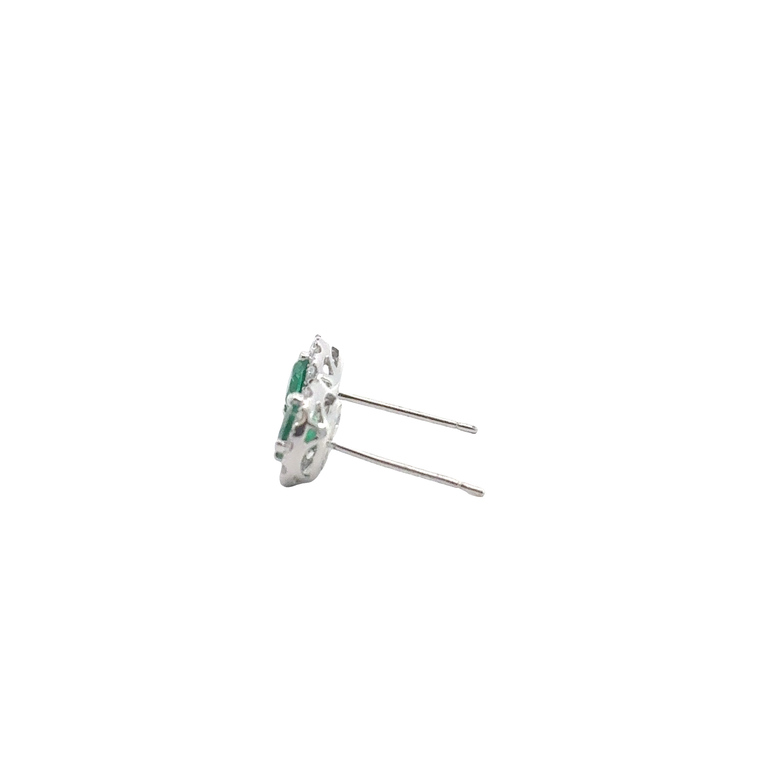Round Emerald and Halo Stud Earrings in White Gold