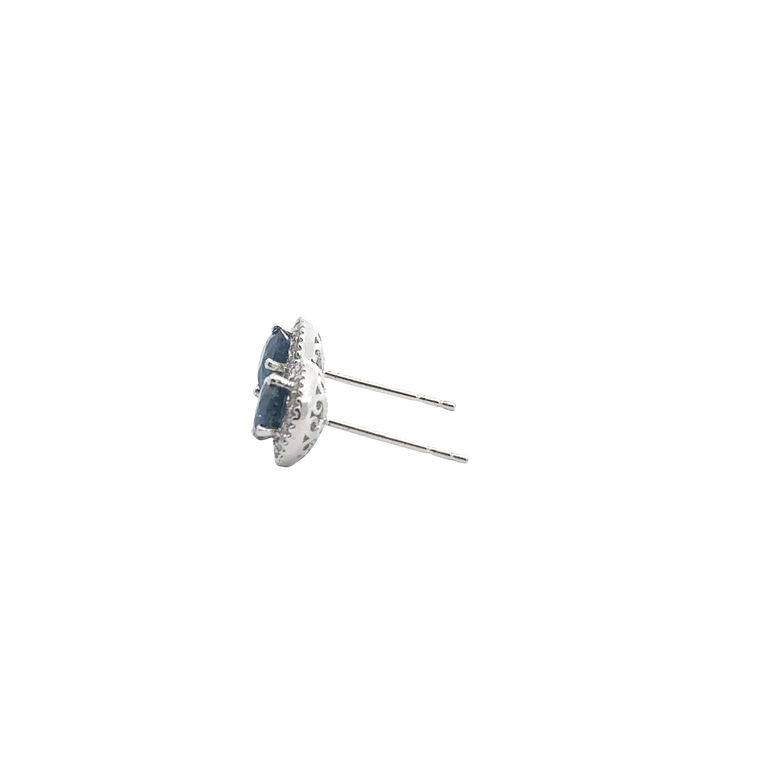 Deep Blue Sapphire Halo Stud Earrings in White Gold