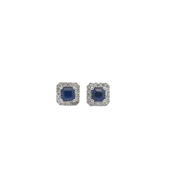 Royal Blue Sapphire and White Gold Halo Stud Earrings